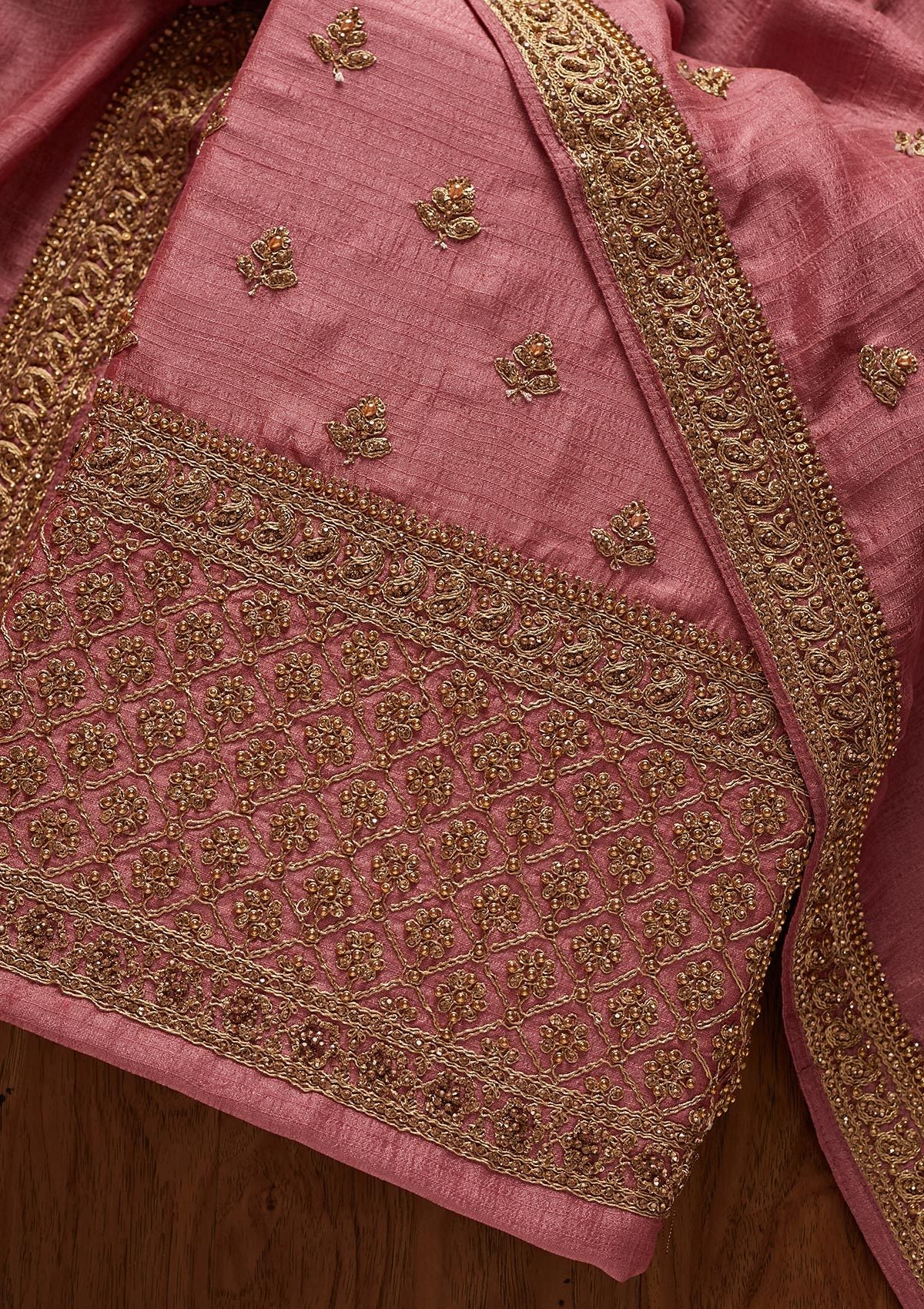 Pink Stonework Raw Silk Designer Unstitched Salwar Suit - koskii
