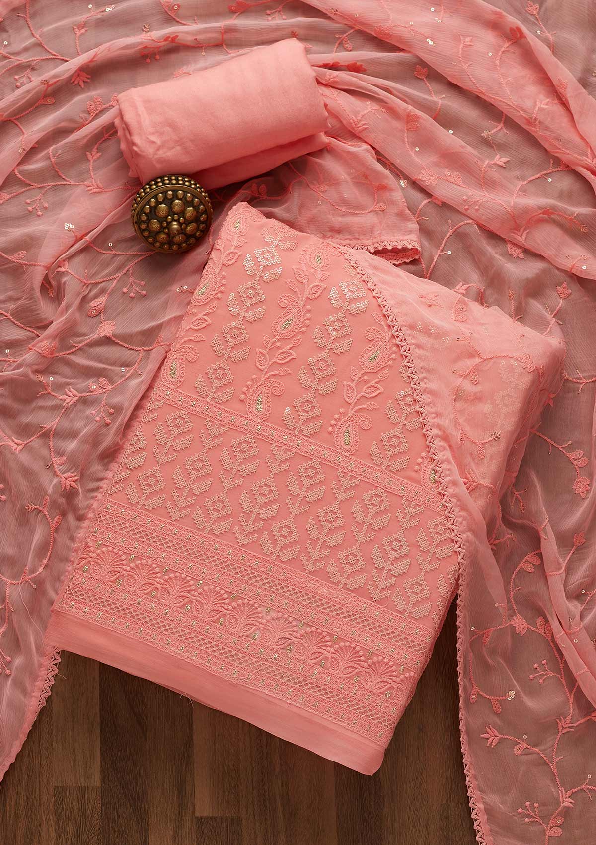 Pink Sequins Threadwork Georgette Unstitched Salwar Suit-Koskii