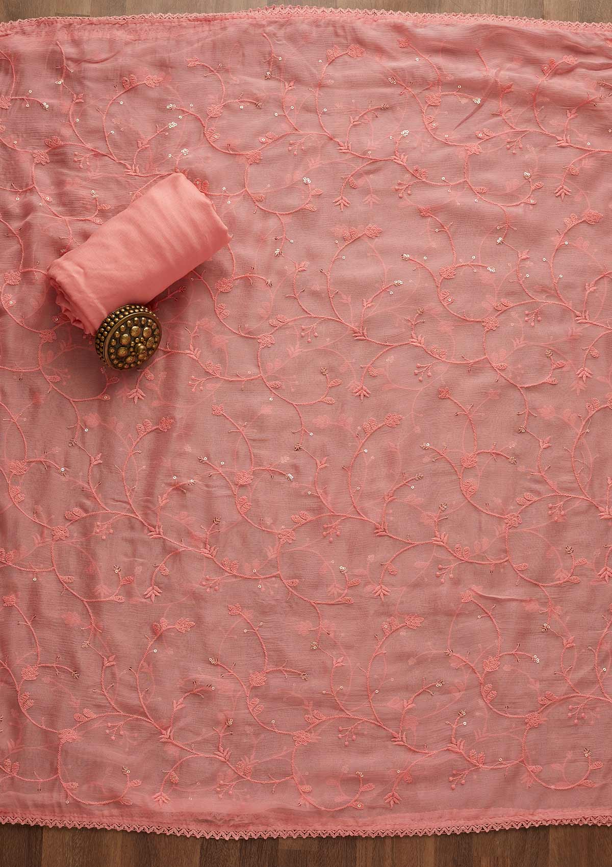 Pink Sequins Threadwork Georgette Unstitched Salwar Suit-Koskii