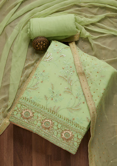 Pista Green Sequins Georgette Unstitched Salwar Suit- Koskii