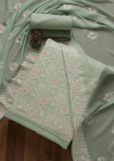 Pista Green Threadwork Georgette Semi-Stitched Salwar Suit- Koskii
