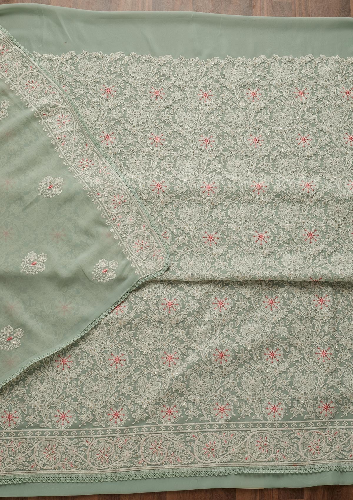 Pista Green Threadwork Georgette Semi-Stitched Salwar Suit - Koskii