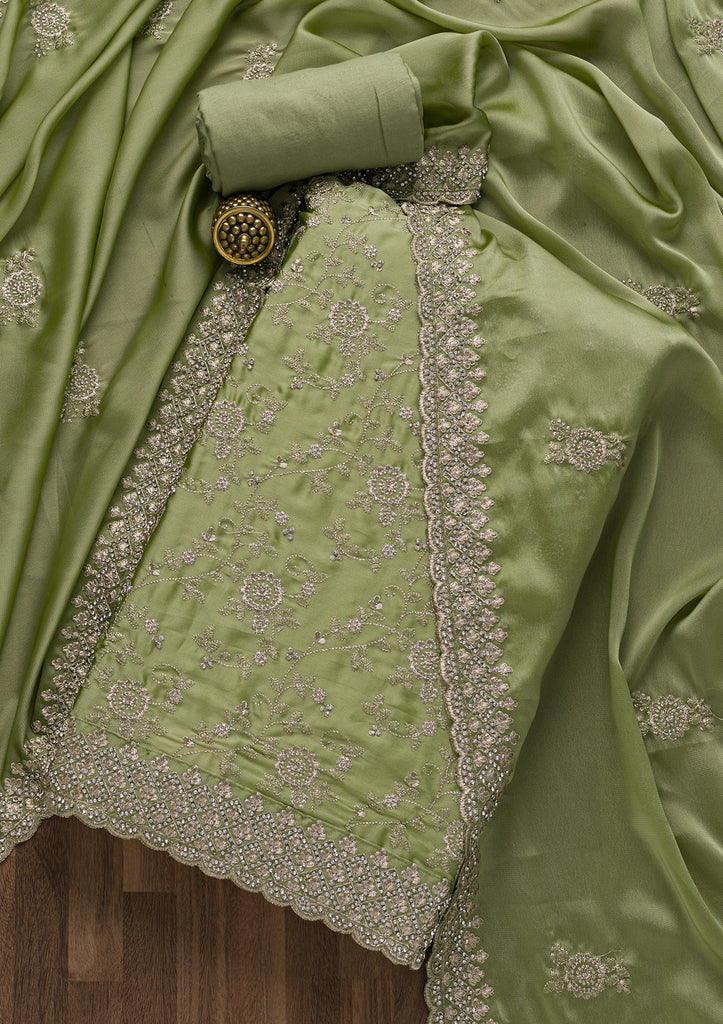 Buy Regular Wear Pista Green Embroidery Work Cotton Dress Material Online  From Surat Wholesale Shop.
