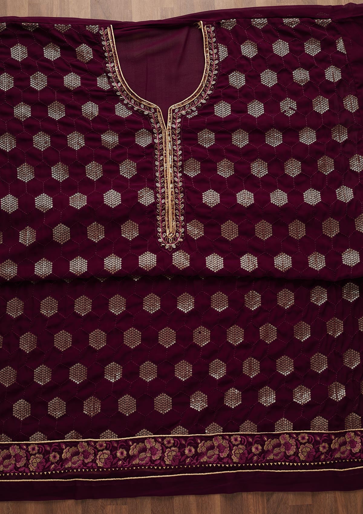 Purple Sequins Georgette Unstitched Salwar Suit-Koskii