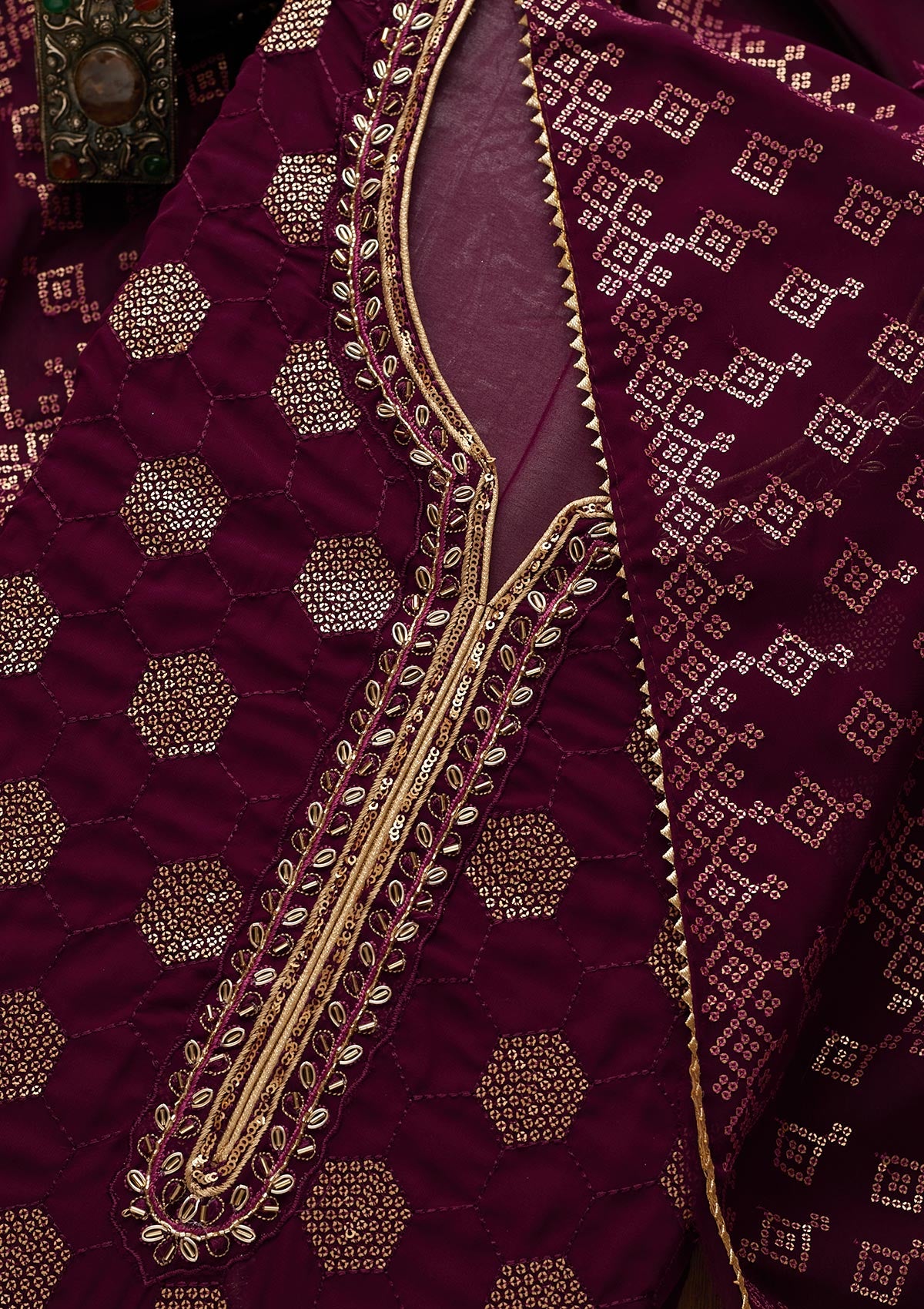 Purple Sequins Georgette Unstitched Salwar Suit-Koskii