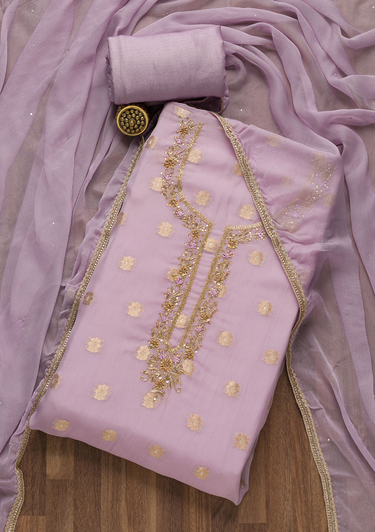 Purple Zariwork Semi Crepe Unstitched Salwar Suit-Koskii