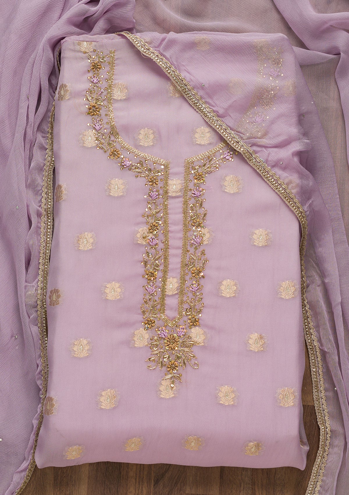 Purple Zariwork Semi Crepe Unstitched Salwar Suit-Koskii
