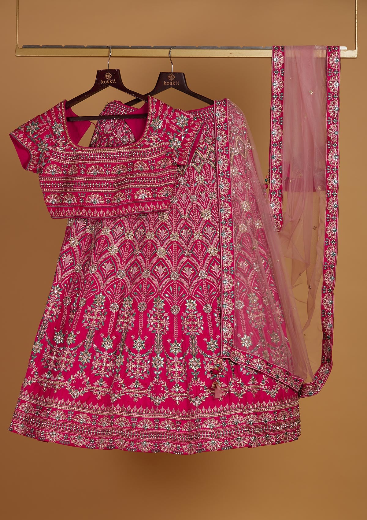 Buy Rani Pink Stonework Raw Silk Readymade Lehenga - Koskii