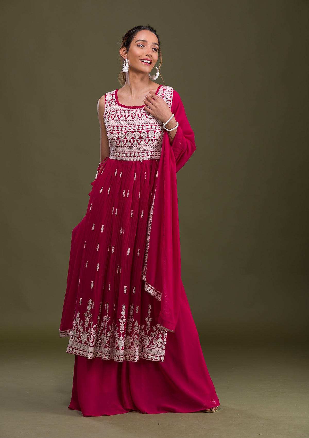 Buy Rani Pink Threadwork Georgette Readymade Sharara Suit - Koskii