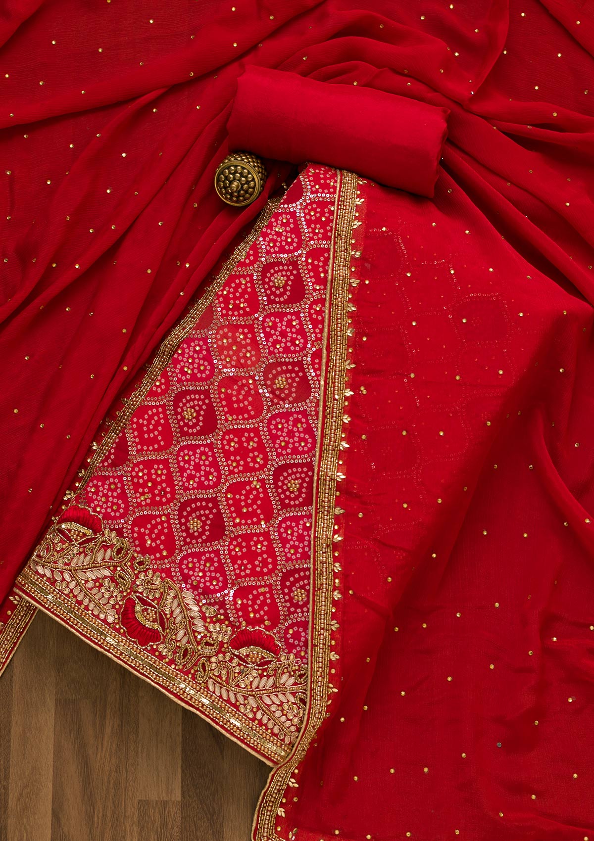 Red Bandhani Georgette Unstitched Salwar Suit-Koskii