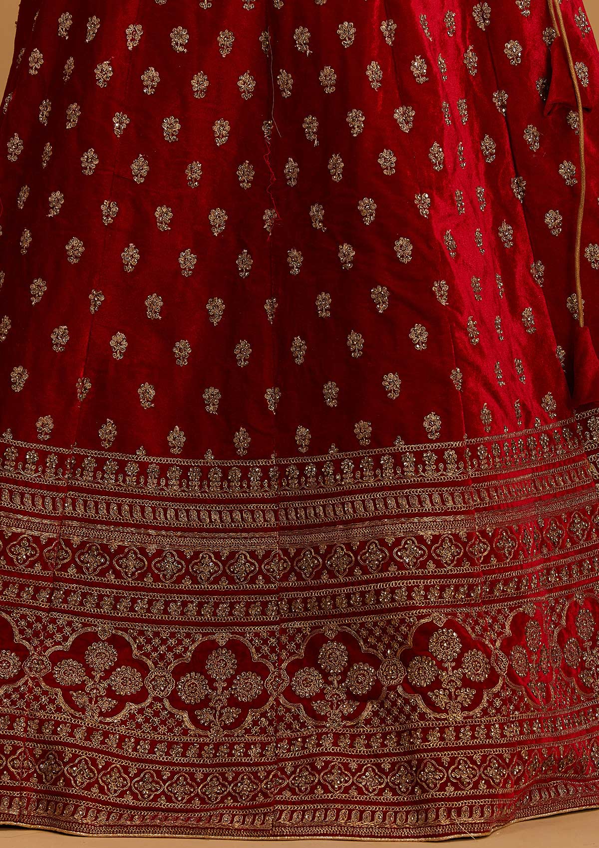 Red Zariwork Velvet Designer Semi-Stitched Lehenga - Koskii