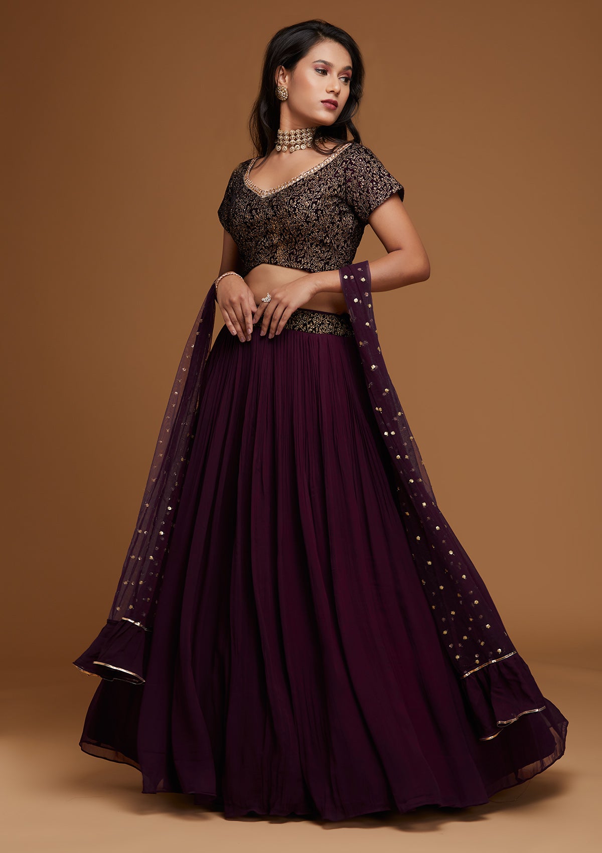 Wine Zariwork Georgette Designer Lehenga - Koskii