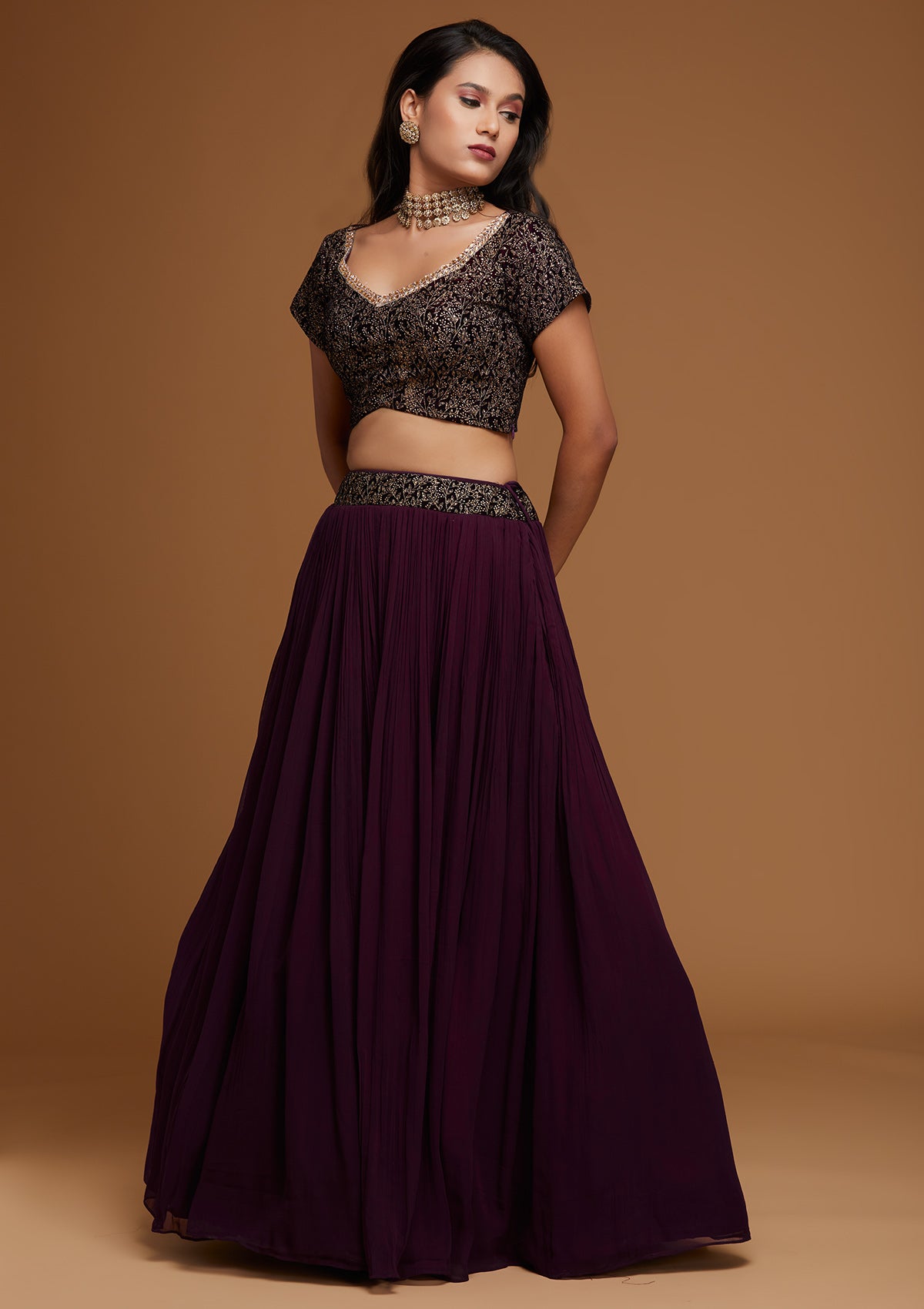 Wine Zariwork Georgette Designer Lehenga - Koskii