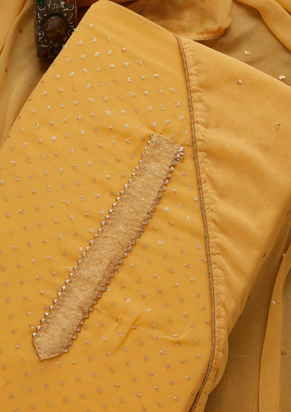 Yellow Sequins Georgette Unstitched Salwar Suit-Koskii