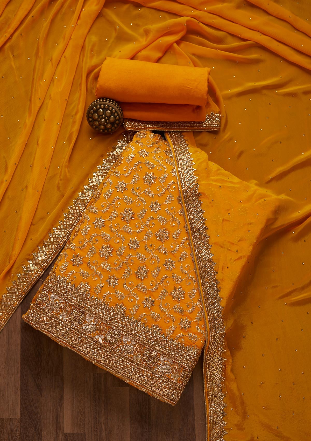 Yellow Zariwork Georgette Unstitched Salwar Suit- Koskii