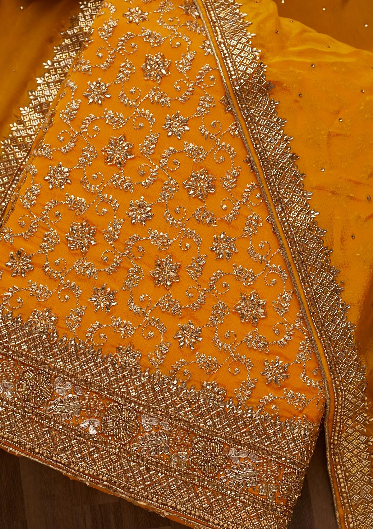 Yellow Zariwork Georgette Unstitched Salwar Suit - Koskii