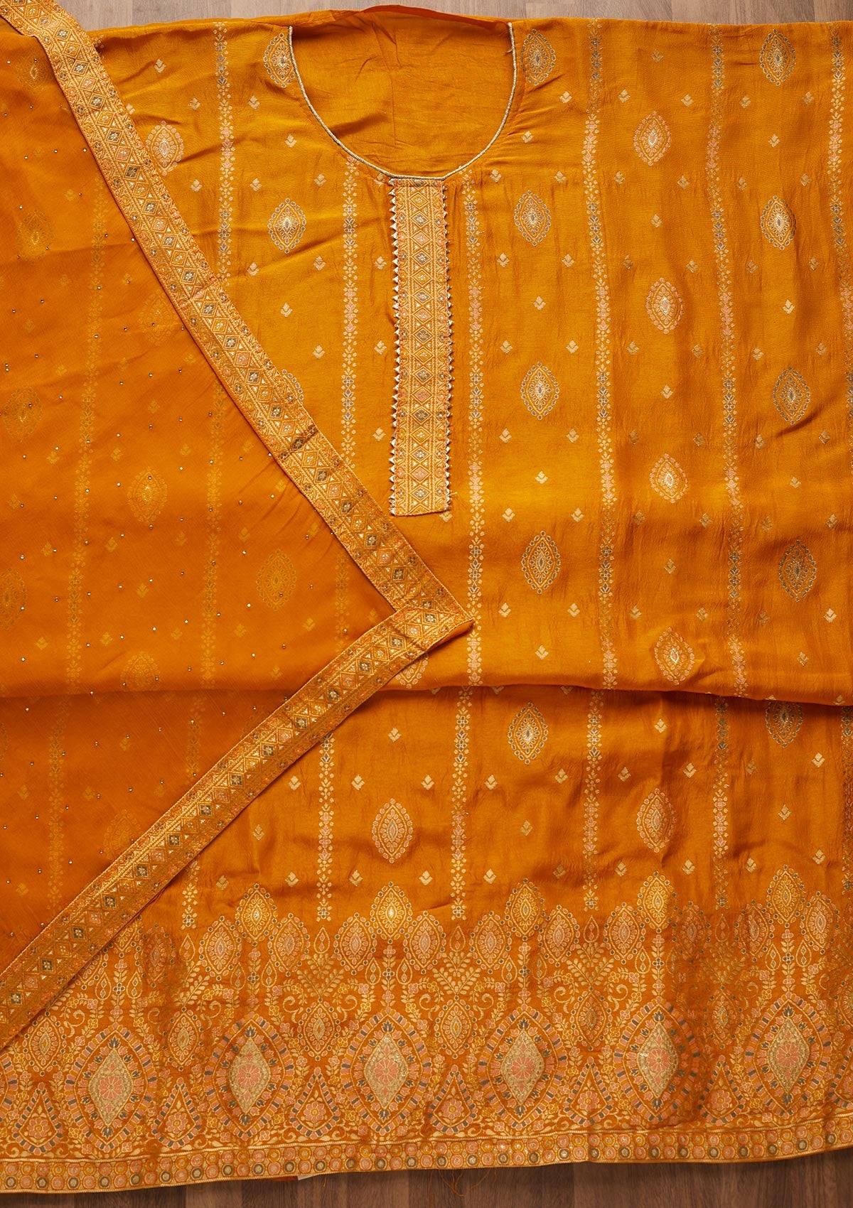 Yellow Zariwork Semi Crepe Semi-Stitched Salwar Suit-Koskii