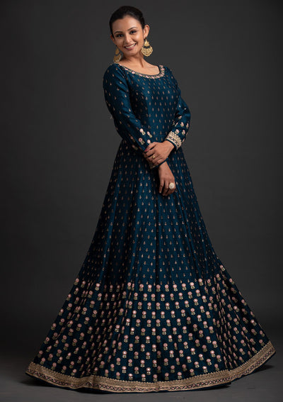 Peacock Blue Mirrorwork Raw Silk Designer Gown - koskii