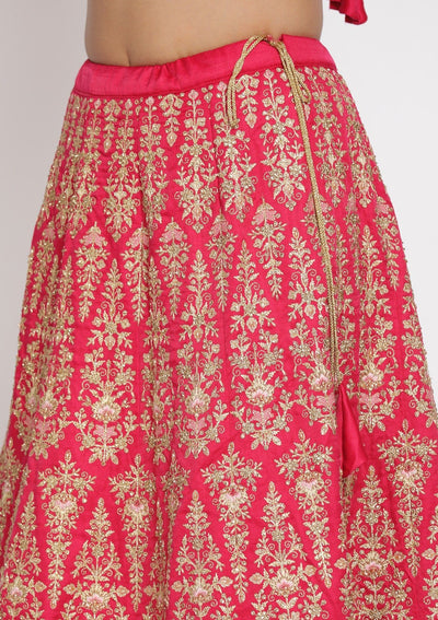 Pink Zariwork Art Silk Designer Semi-Stitched Lehenga - koskii
