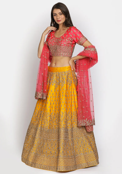 Yellow Stonework Satin Designer Semi-Stitched Lehenga - koskii