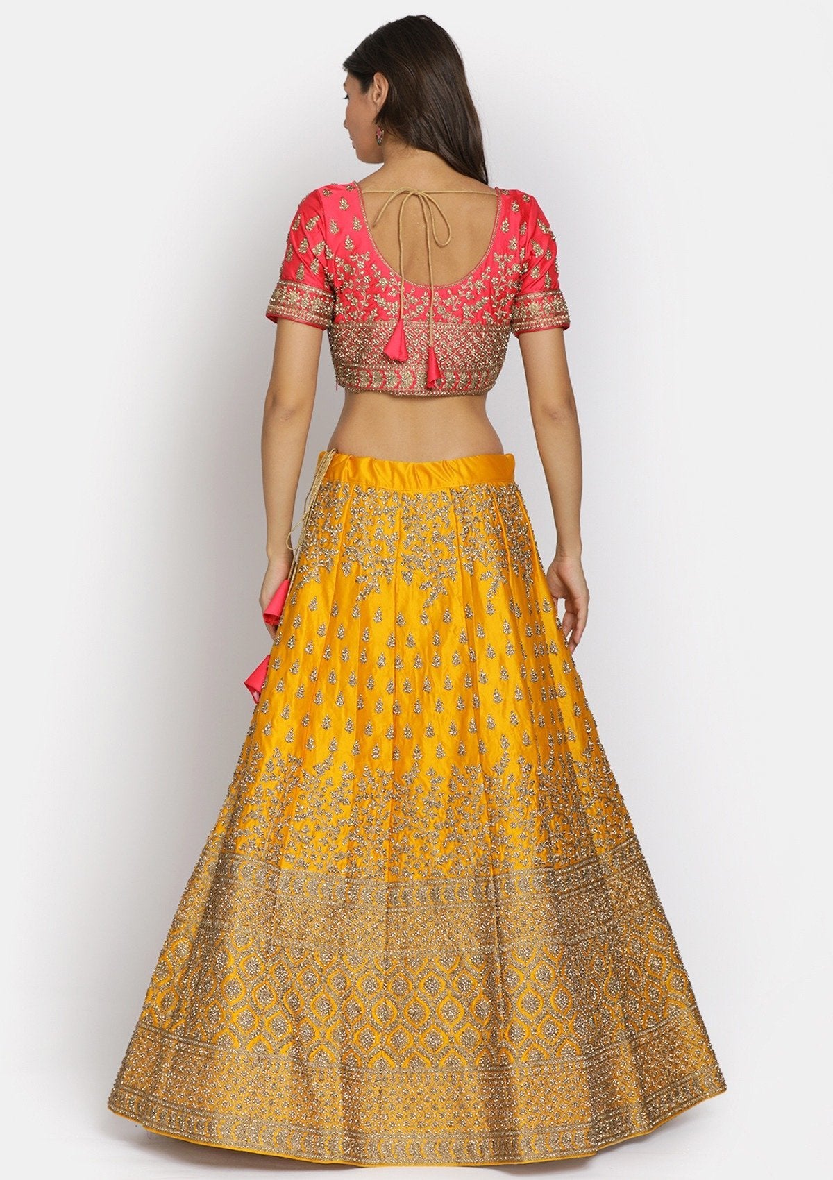 Yellow Stonework Satin Designer Semi-Stitched Lehenga - koskii